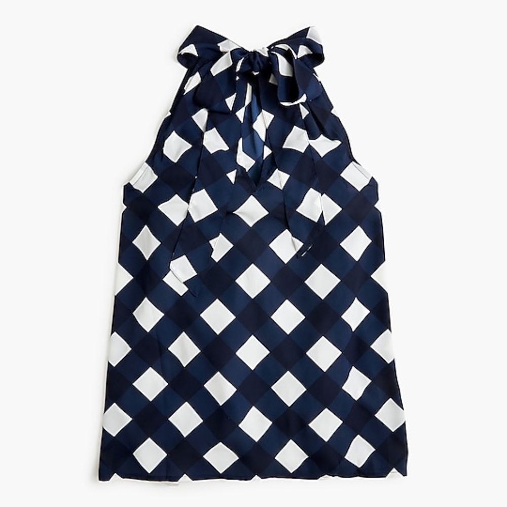 🆕️ J CREW Navy Gingham Check Tie-Neck tank top - Picture 3 of 8